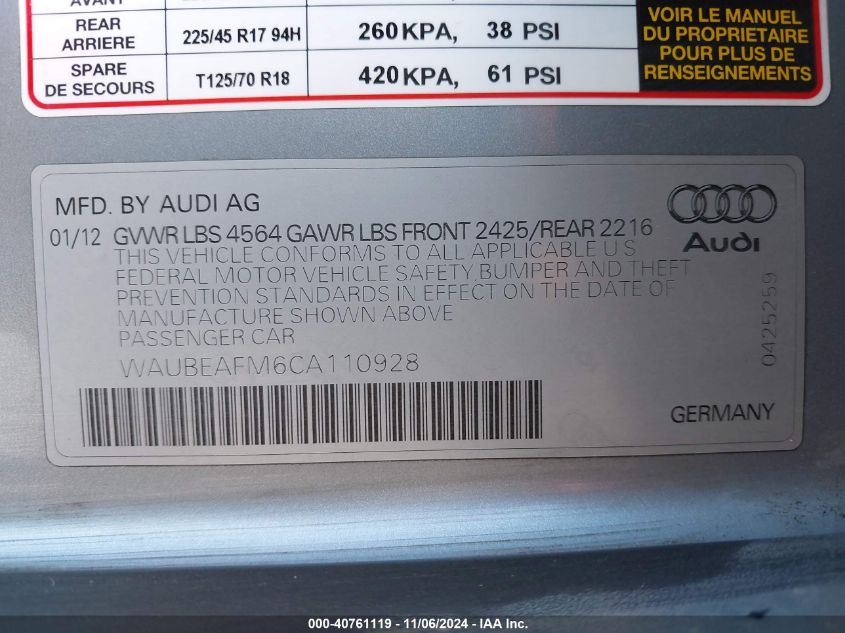 2012 Audi A3 2.0T Premium VIN: WAUBEAFM6CA110928 Lot: 40761119