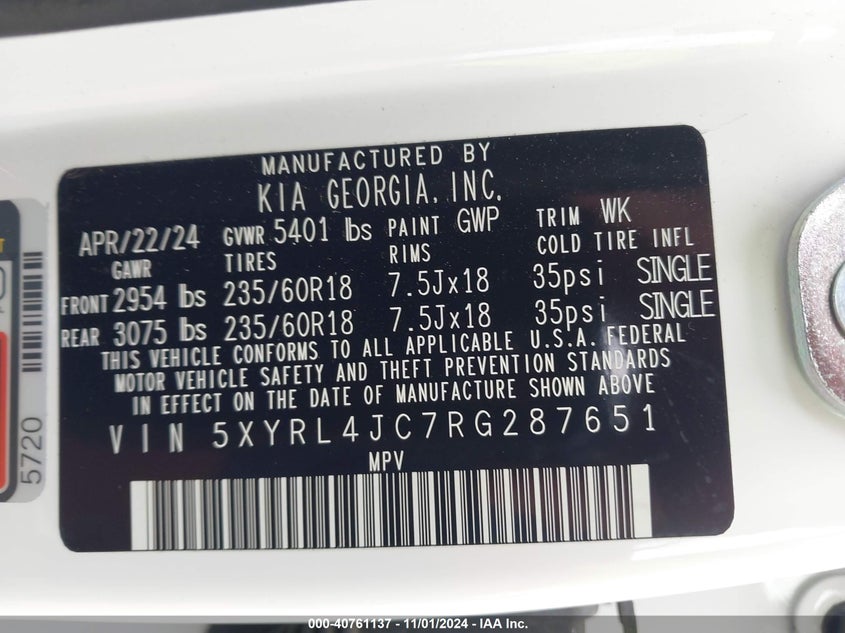 2024 Kia Sorento S VIN: 5XYRL4JC7RG287651 Lot: 40761137