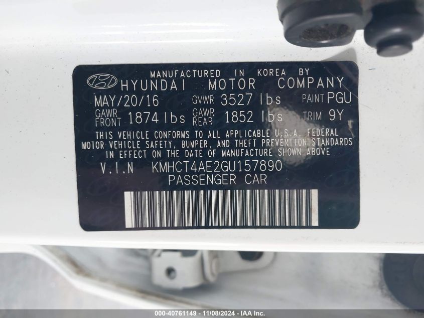 2016 Hyundai Accent Se VIN: KMHCT4AE2GU157890 Lot: 40761149