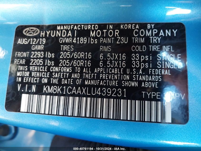 VIN KM8K1CAAXLU439231 2020 Hyundai Kona, SE no.9