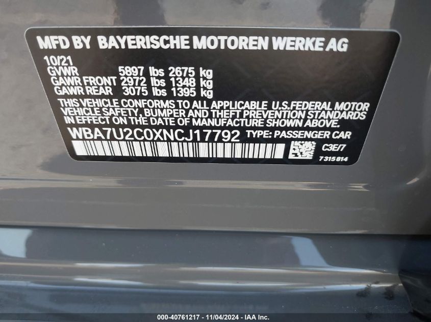 2022 BMW 750 I xDrive VIN: WBA7U2C0XNCJ17792 Lot: 40761217