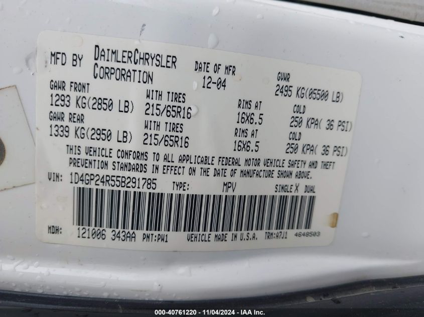 2005 Dodge Grand Caravan Se VIN: 1D4GP24R55B291785 Lot: 40761220