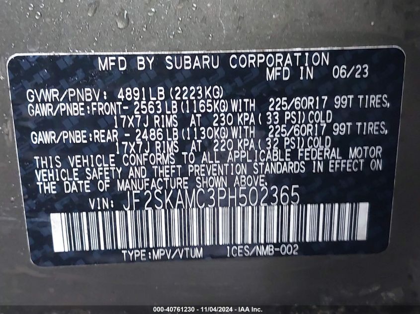 2023 Subaru Forester Wilderness VIN: JF2SKAMC3PH502365 Lot: 40761230