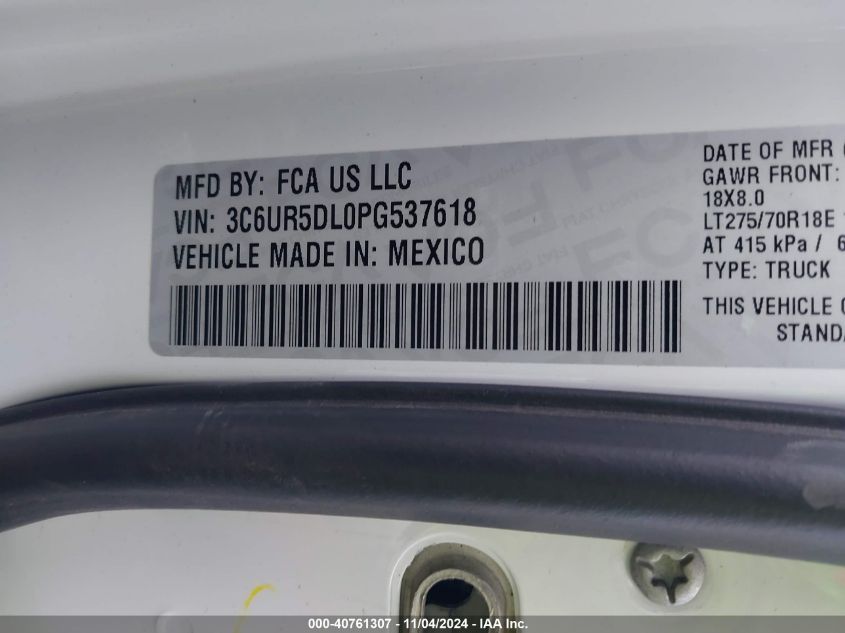 2023 Ram 2500 Big Horn 4X4 6'4 Box VIN: 3C6UR5DL0PG537618 Lot: 40761307