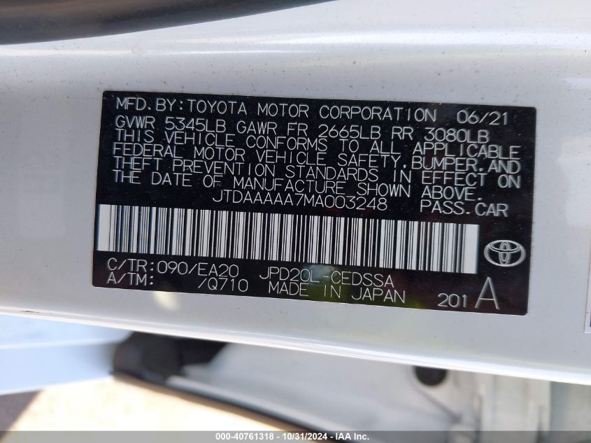 2021 Toyota Mirai Xle VIN: JTDAAAAA7MA003248 Lot: 40761318