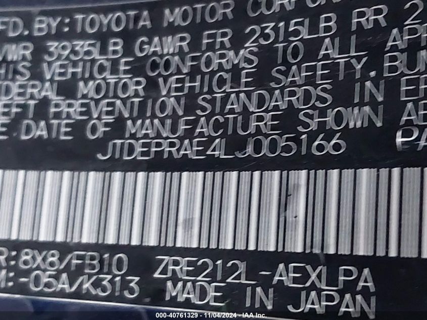 2020 Toyota Corolla Le VIN: JTDEPRAE4LJ005166 Lot: 40761329