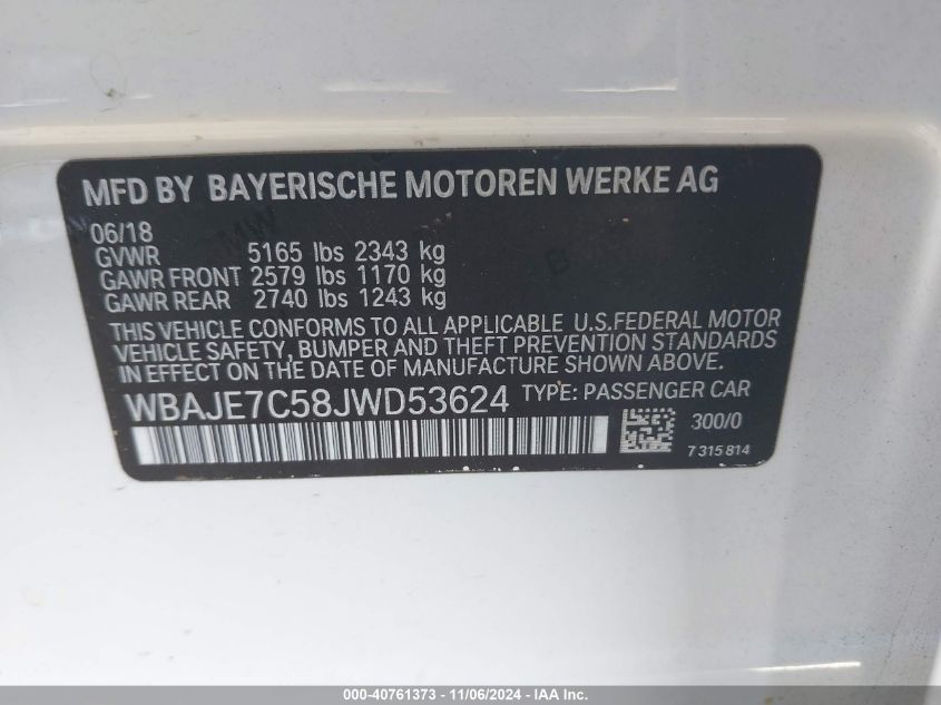 2018 BMW 540I xDrive VIN: WBAJE7C58JWD53624 Lot: 40761373