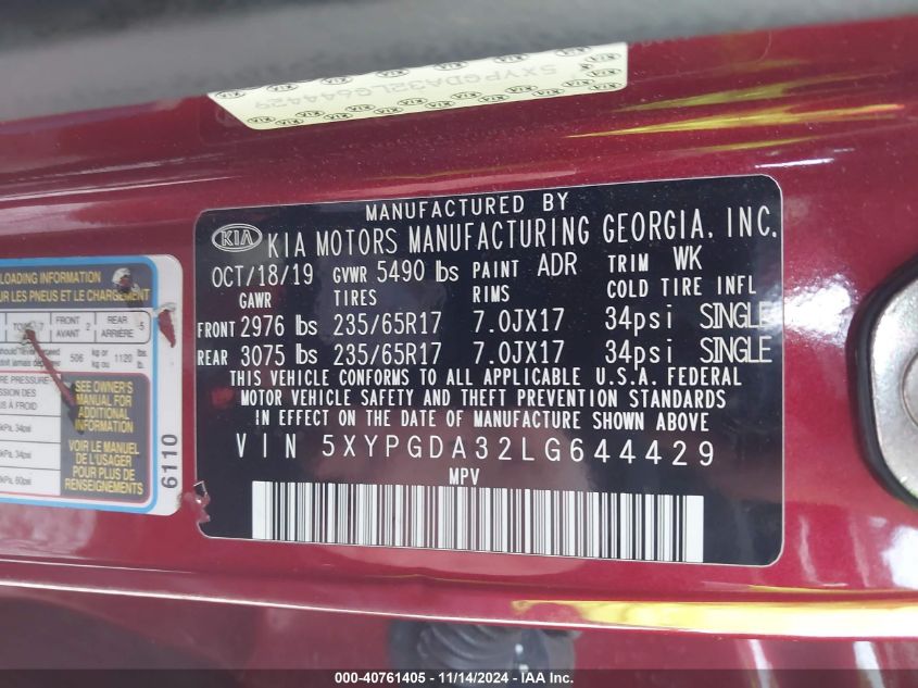 VIN 5XYPGDA32LG644429 2020 KIA SORENTO 2.4L LX