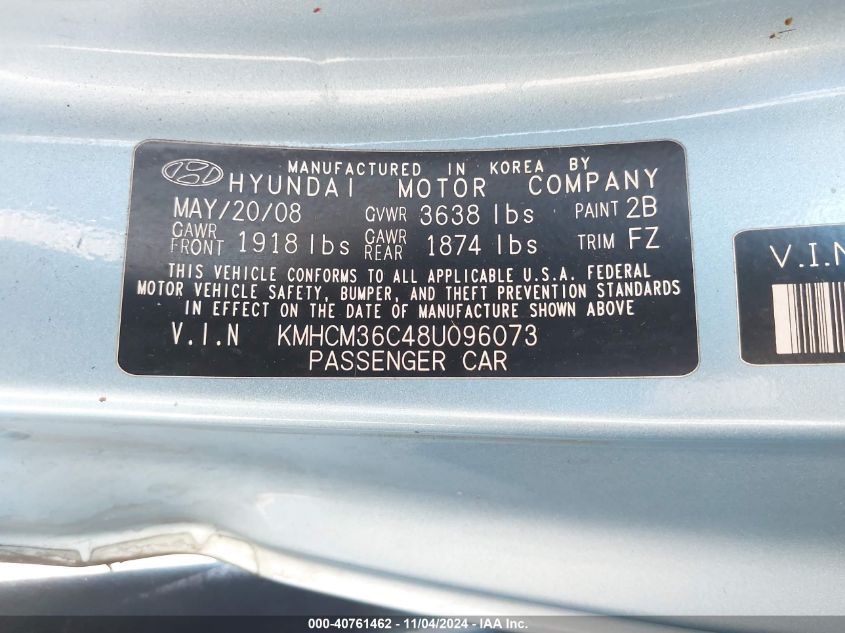 2008 Hyundai Accent Gs VIN: KMHCM36C48U096073 Lot: 40761462