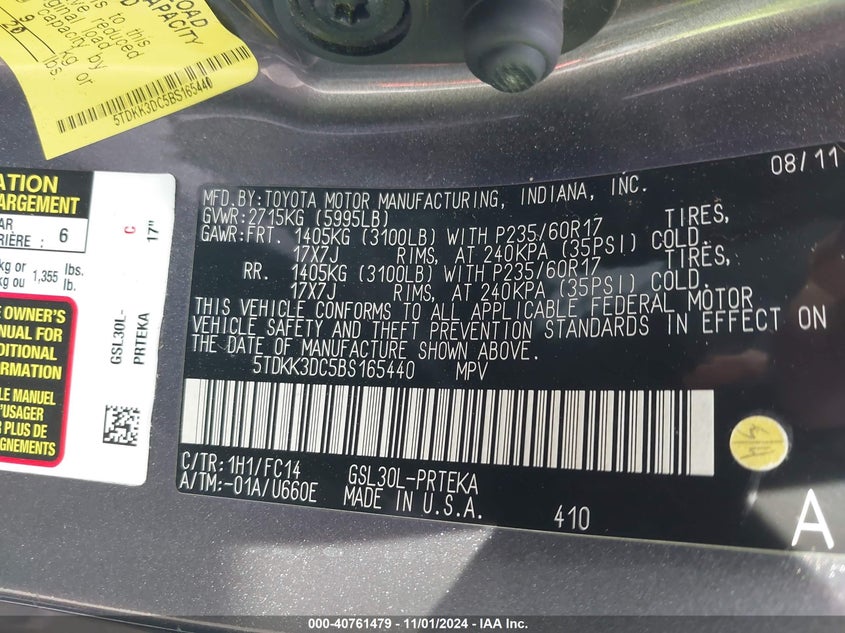 2011 Toyota Sienna Le V6 VIN: 5TDKK3DC5BS165440 Lot: 40761479