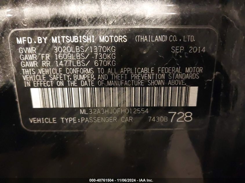 2015 Mitsubishi Mirage De VIN: ML32A3HJ0FH012554 Lot: 40761504