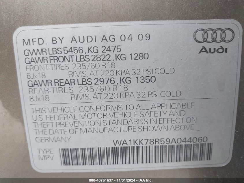 2009 Audi Q5 3.2 Premium VIN: WA1KK78R59A044060 Lot: 40761637