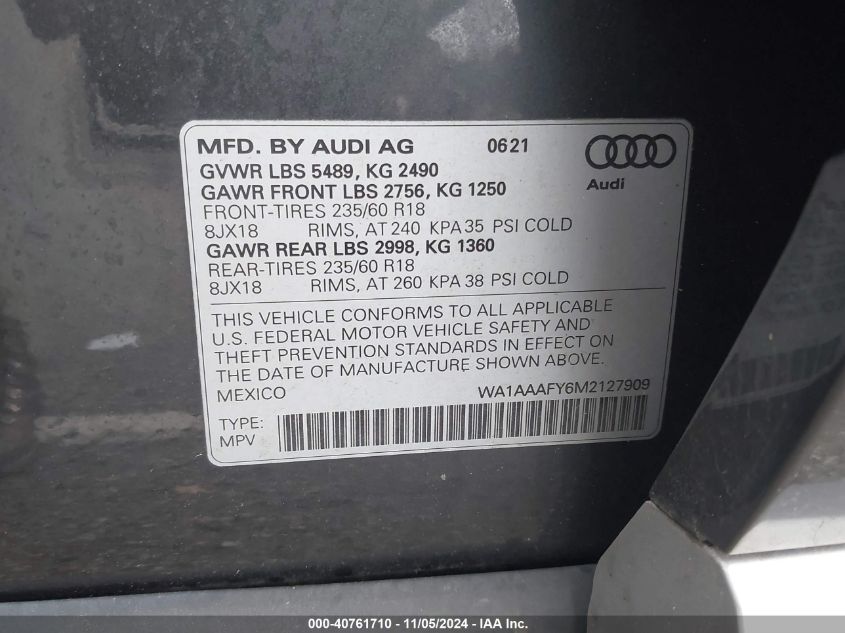 2021 Audi Q5 Premium 45 Tfsi Quattro S Tronic VIN: WA1AAAFY6M2127909 Lot: 40761710