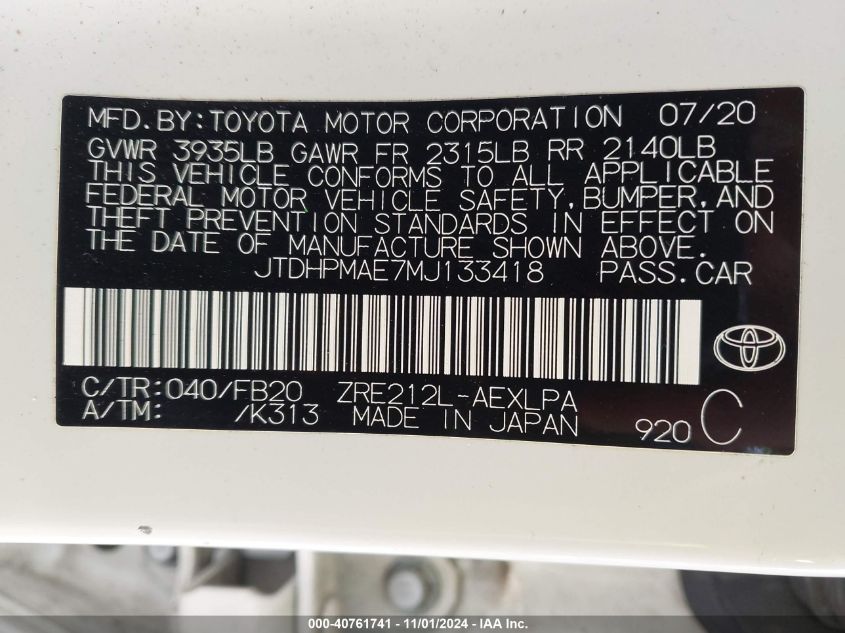 VIN JTDHPMAE7MJ133418 2021 Toyota Corolla, LE no.9