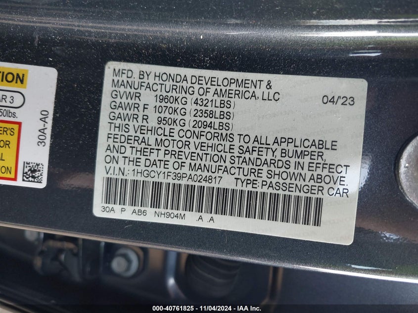 2023 HONDA ACCORD VIN: 1HGCY1F39PA024817