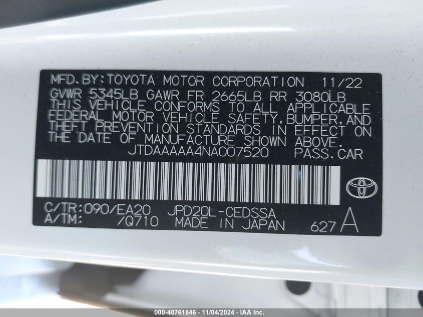 2022 Toyota Mirai Xle VIN: JTDAAAAA4NA007520 Lot: 40761846