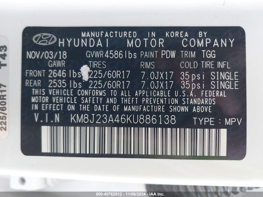 2019 Hyundai Tucson Se VIN: KM8J23A46KU886138 Lot: 40762012