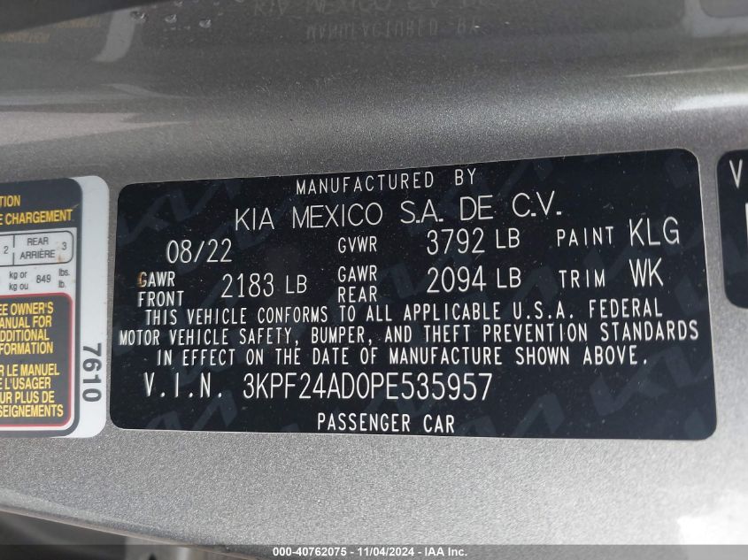 2023 Kia Forte Lxs VIN: 3KPF24AD0PE535957 Lot: 40762075