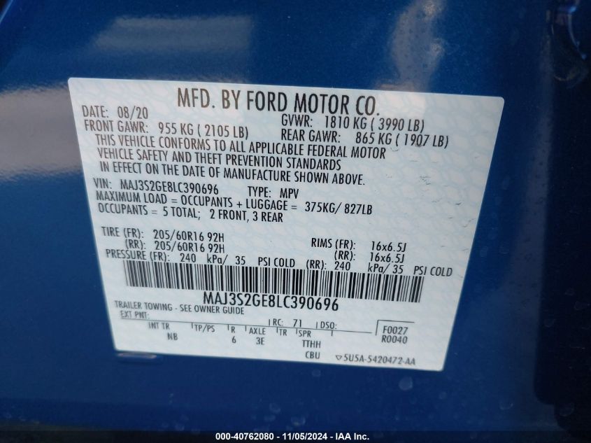 2020 Ford Ecosport Se VIN: MAJ3S2GE8LC390696 Lot: 40762080