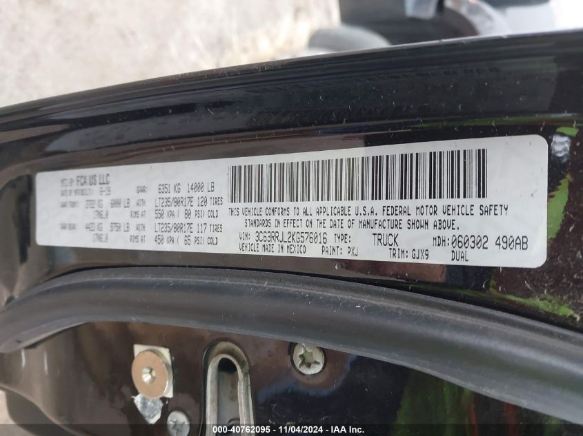 2019 Ram 3500 Laramie 4X4 8' Box VIN: 3C63RRJL2KG576016 Lot: 40762095