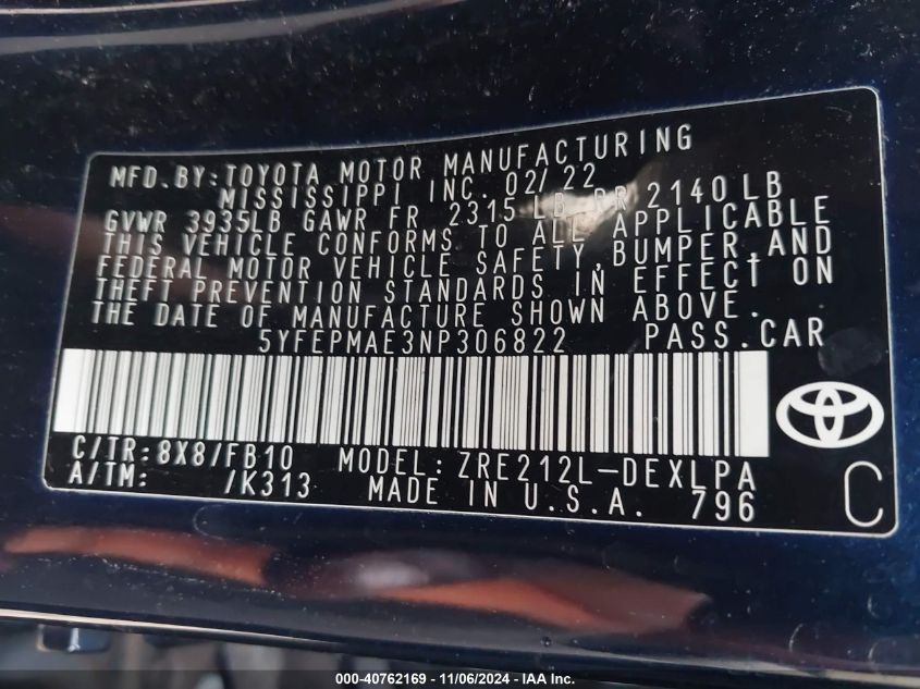 VIN 5YFEPMAE3NP306822 2022 TOYOTA COROLLA LE