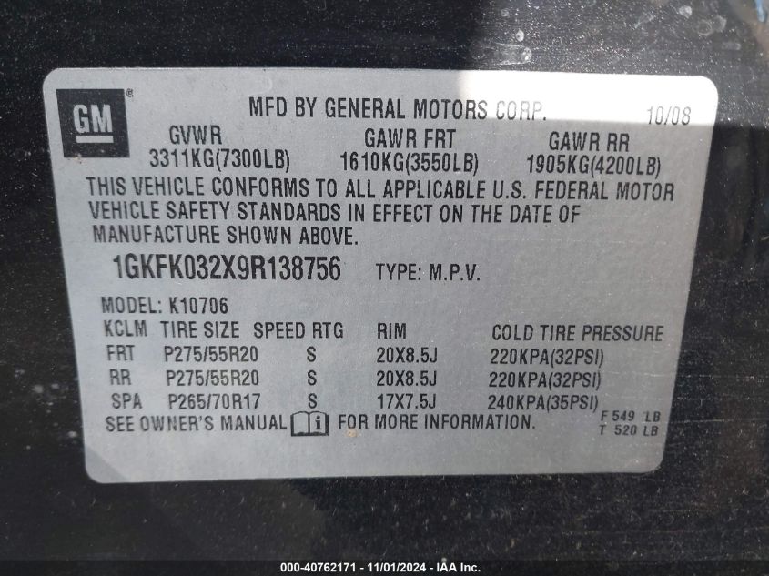 2009 GMC Yukon Denali VIN: 1GKFK032X9R138756 Lot: 40762171