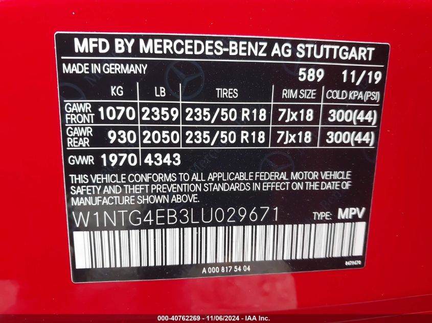 2020 Mercedes-Benz Gla 250 VIN: W1NTG4EB3LU029671 Lot: 40762269