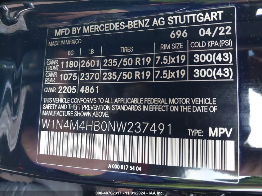 2022 Mercedes-Benz Glb 250 4Matic VIN: W1N4M4HB0NW237491 Lot: 40762317