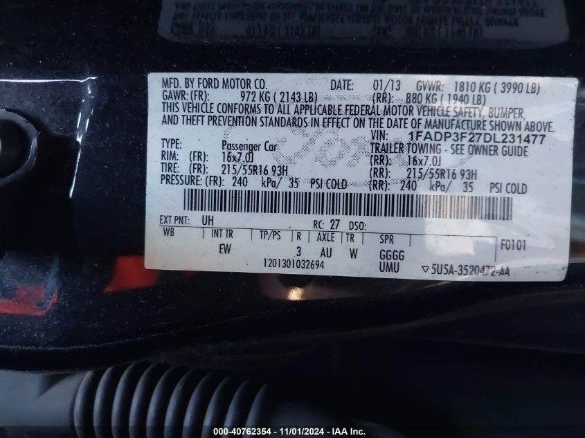 2013 FORD FOCUS VIN: 1FADP3F27DL231477