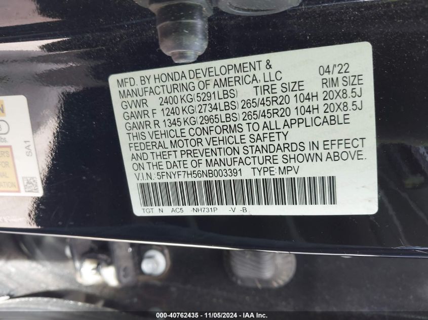 2022 Honda Passport 2Wd Ex-L VIN: 5FNYF7H56NB003391 Lot: 40762435