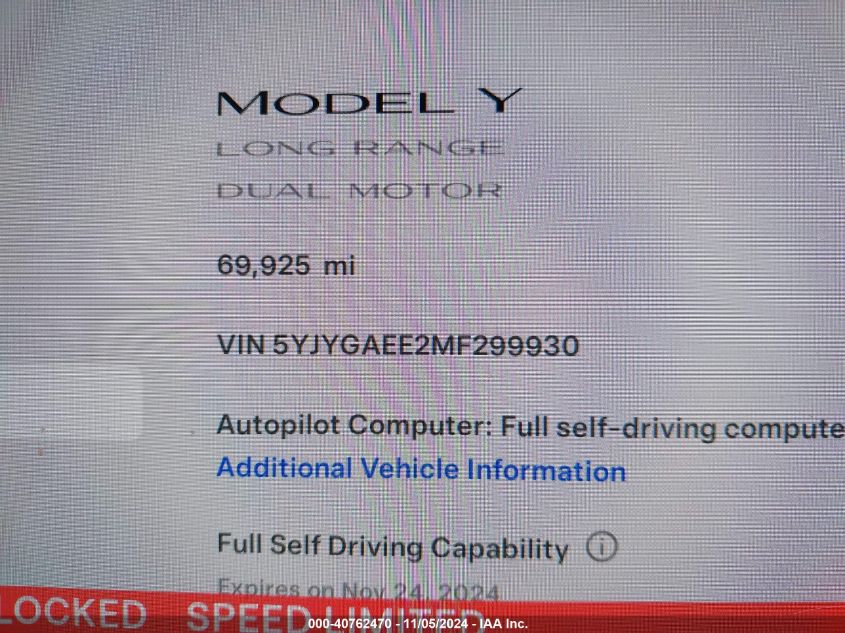 2021 Tesla Model Y Long Range Dual Motor All-Wheel Drive VIN: 5YJYGAEE2MF299930 Lot: 40762470