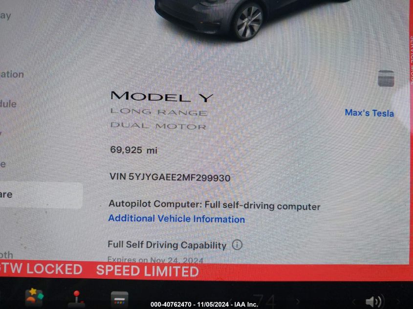 2021 Tesla Model Y Long Range Dual Motor All-Wheel Drive VIN: 5YJYGAEE2MF299930 Lot: 40762470