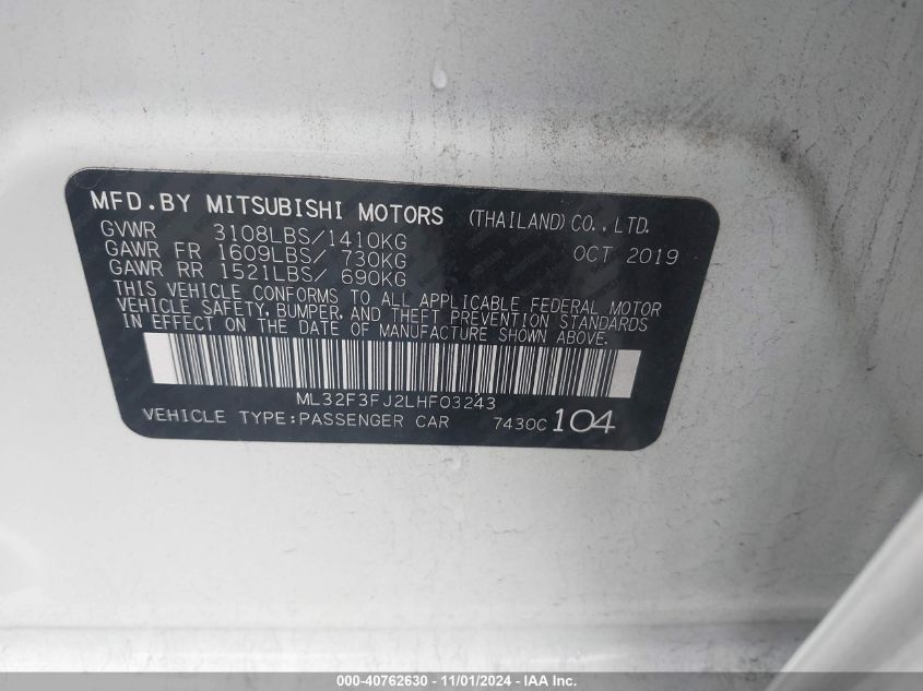 2020 Mitsubishi Mirage G4 Es VIN: ML32F3FJ2LHF03243 Lot: 40762630