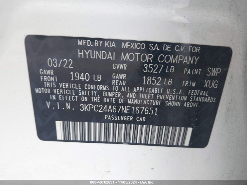 2022 Hyundai Accent Sel VIN: 3KPC24A67NE167651 Lot: 40762691