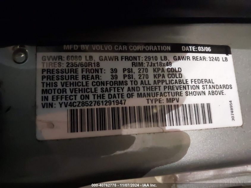 2006 Volvo Xc90 V8/Volvo Ocean Race Edition VIN: YV4CZ852761291947 Lot: 40762775