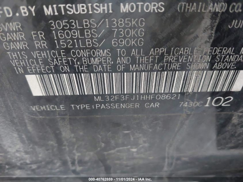 2017 Mitsubishi Mirage G4 Es VIN: ML32F3FJ1HHF08621 Lot: 40762859