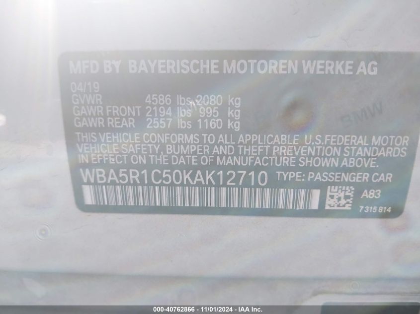 2019 BMW 330I VIN: WBA5R1C50KAK12710 Lot: 40762866