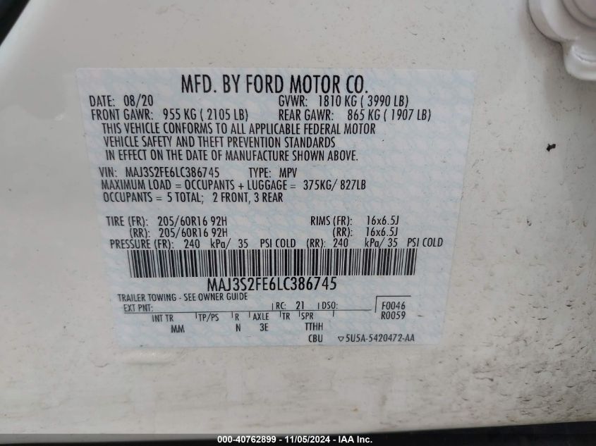 2020 Ford Ecosport S VIN: MAJ3S2FE6LC386745 Lot: 40762899