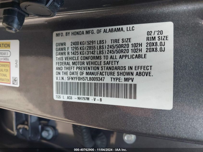 2020 Honda Passport Exl VIN: 5FNYF8H57LB009347 Lot: 40762900