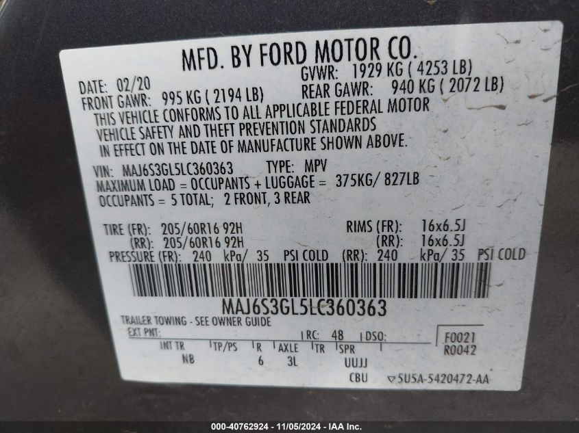 2020 Ford Ecosport Se VIN: MAJ6S3GL5LC360363 Lot: 40762924