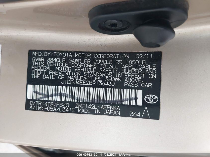 2011 Toyota Corolla Le VIN: JTDBU4EE2B9136430 Lot: 40763130