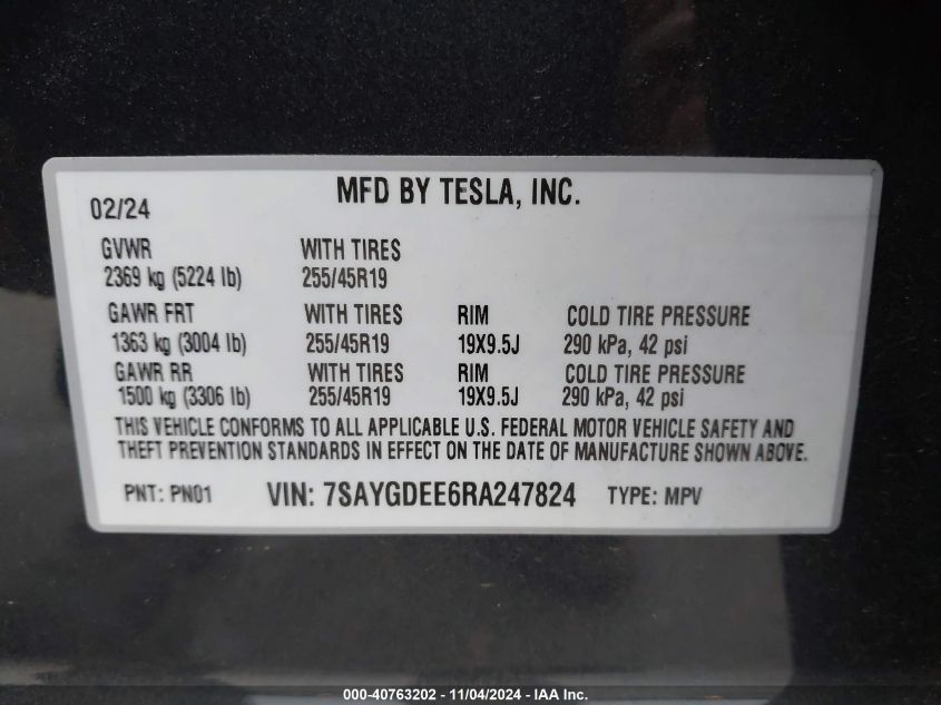 VIN 7SAYGDEE6RA247824 2024 TESLA MODEL Y no.9