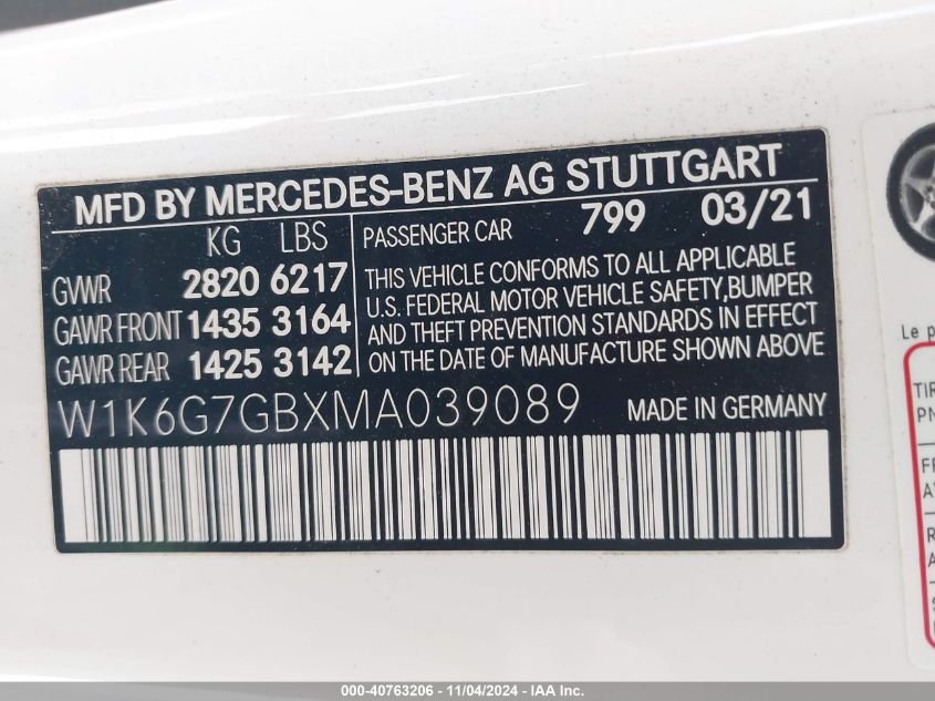 2021 Mercedes-Benz S 580 4Matic VIN: W1K6G7GBXMA039089 Lot: 40763206