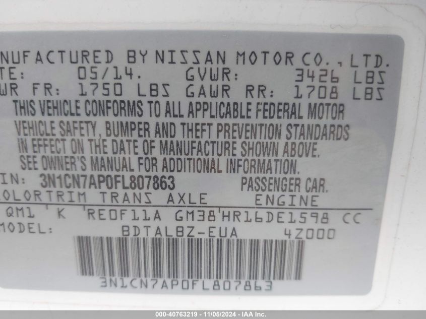 VIN 3N1CN7AP0FL807863 2015 NISSAN VERSA no.9