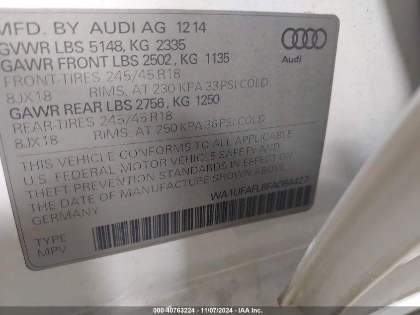 2015 Audi Allroad 2.0T Premium VIN: WA1UFAFL8FA084427 Lot: 40763224