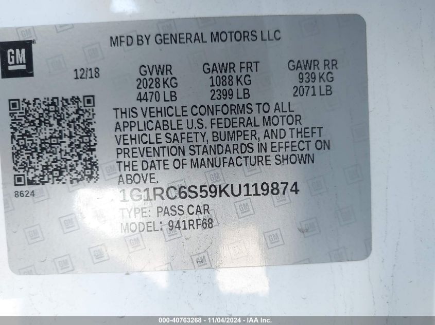 2019 CHEVROLET VOLT LT - 1G1RC6S59KU119874