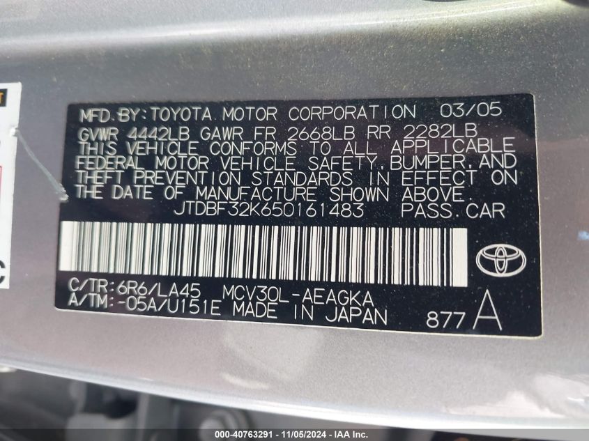 2005 Toyota Camry Xle V6 VIN: JTDBF32K650161483 Lot: 40763291