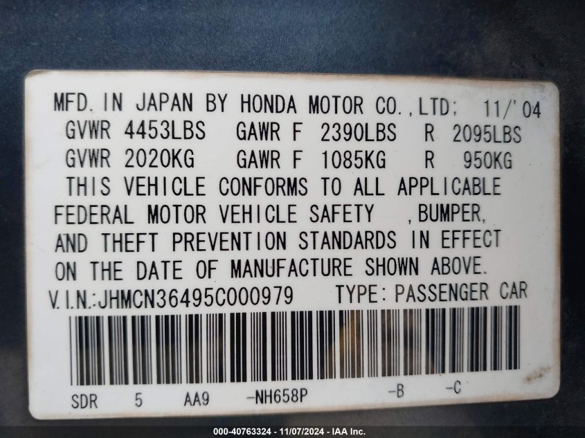 2005 Honda Accord Hybrid Ima VIN: JHMCN36495C000979 Lot: 40763324