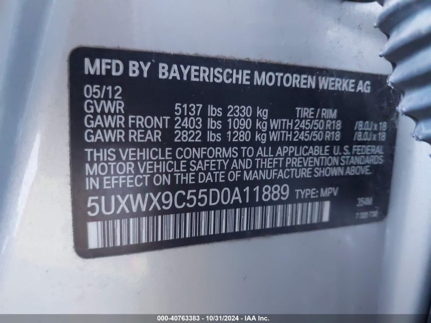 2013 BMW X3 xDrive28I VIN: 5UXWX9C55D0A11889 Lot: 40763383