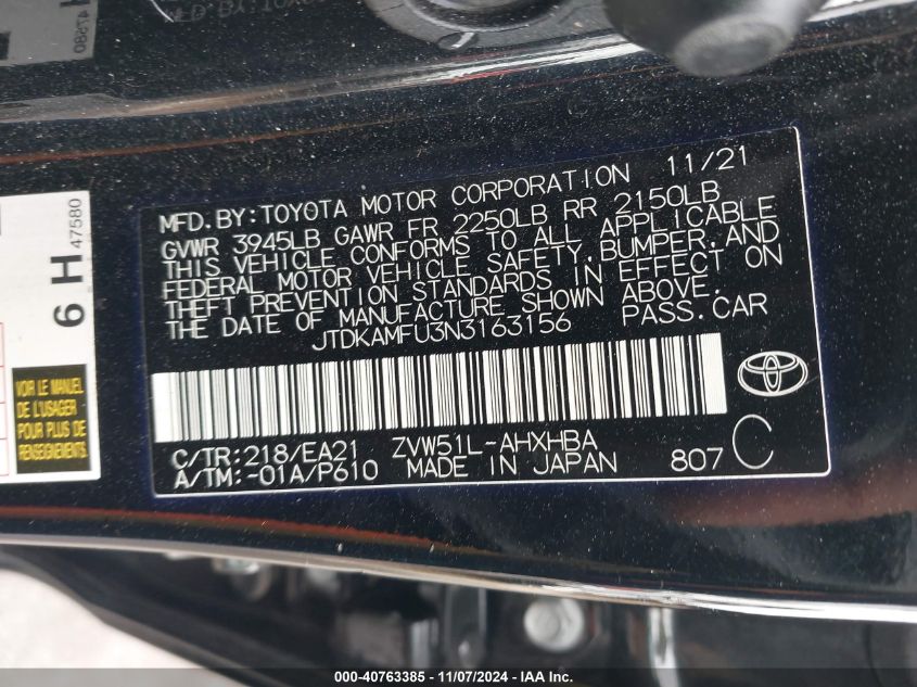 2022 Toyota Prius Limited VIN: JTDKAMFU3N3163156 Lot: 40763385